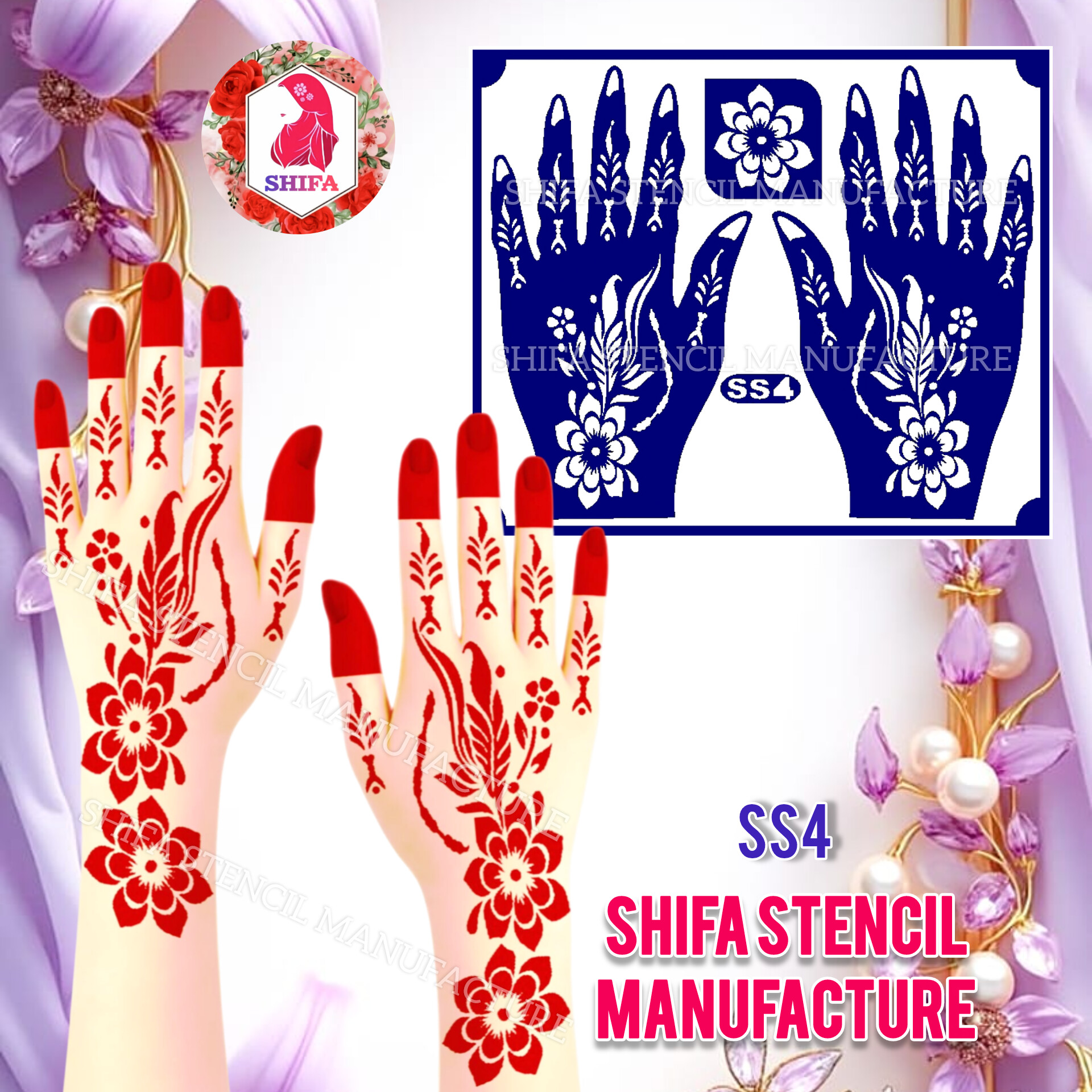SS4 Elegant floral pattern with large  blooming flowers Sticker Overview  Henna Stencil - Shifa Stencil